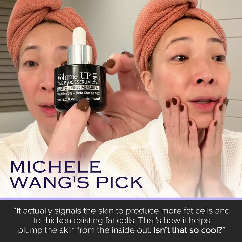 Mimmua Volume Up Time Block Serum dispense pump demonstrates easy application