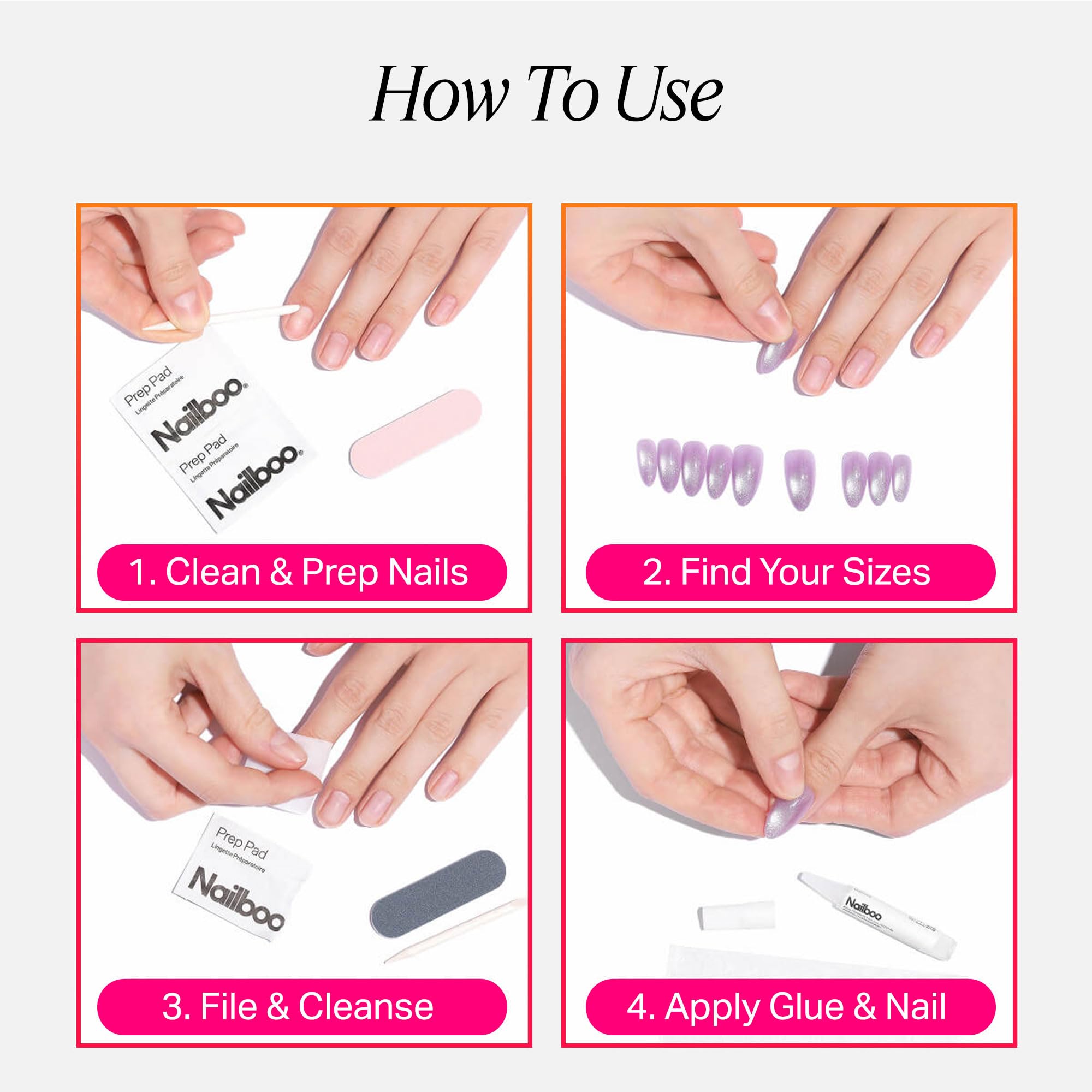 Nailboo press-on nails on hand demonstrate easy, fast DIY manicure.