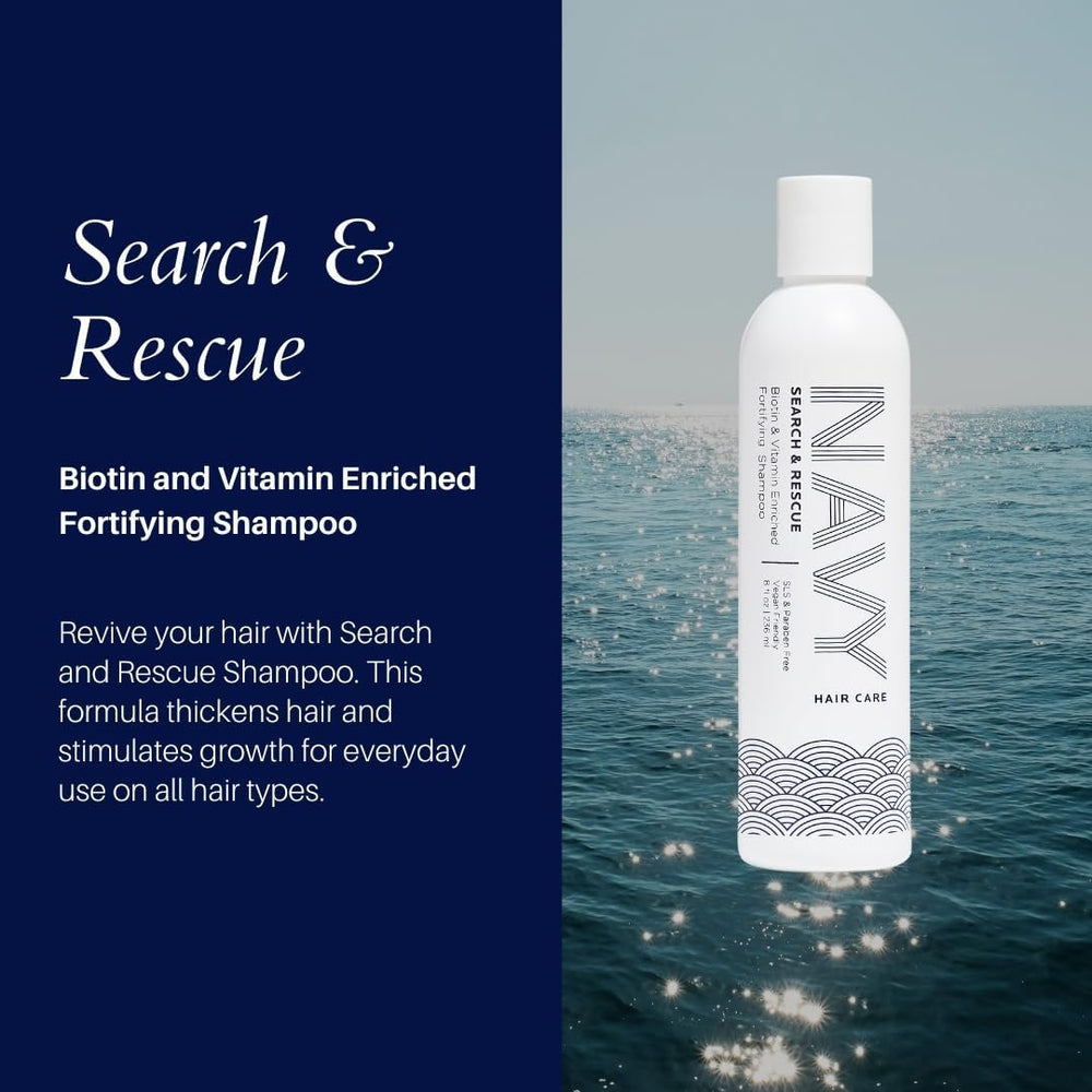 NAVY HAIR CARE Search and Rescue shampoo being poured, rich lather in hand.