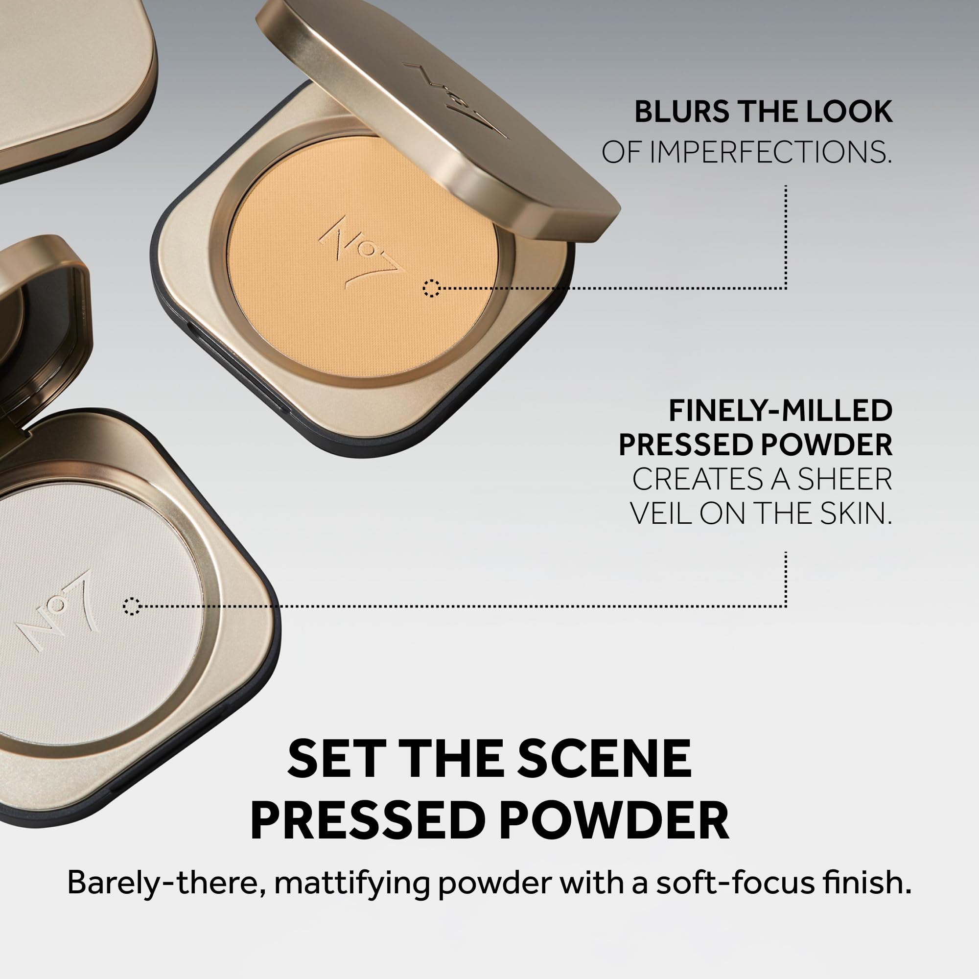 Close-up texture of No7 powder showing fine-milled surface for seamless blending.