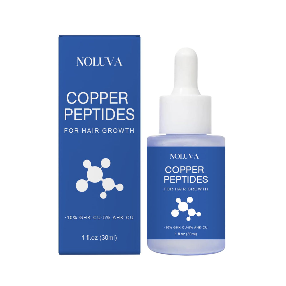 NOLUVA copper peptide hair serum bottle with dropper ready for use