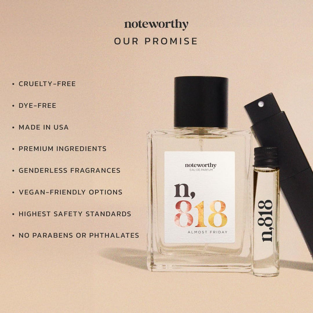 Noteworthy n,818 model holding bottle hints at versatile fragrance for any occasion.
