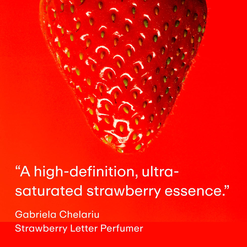 PHLUR Strawberry Letter packaging close-up emphasizes luxury and aroma story.