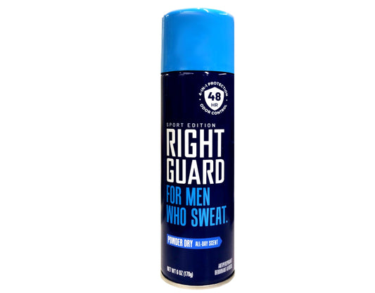 Right Guard Aerosol Sport Powder Dry can — front view showing all-day freshness.