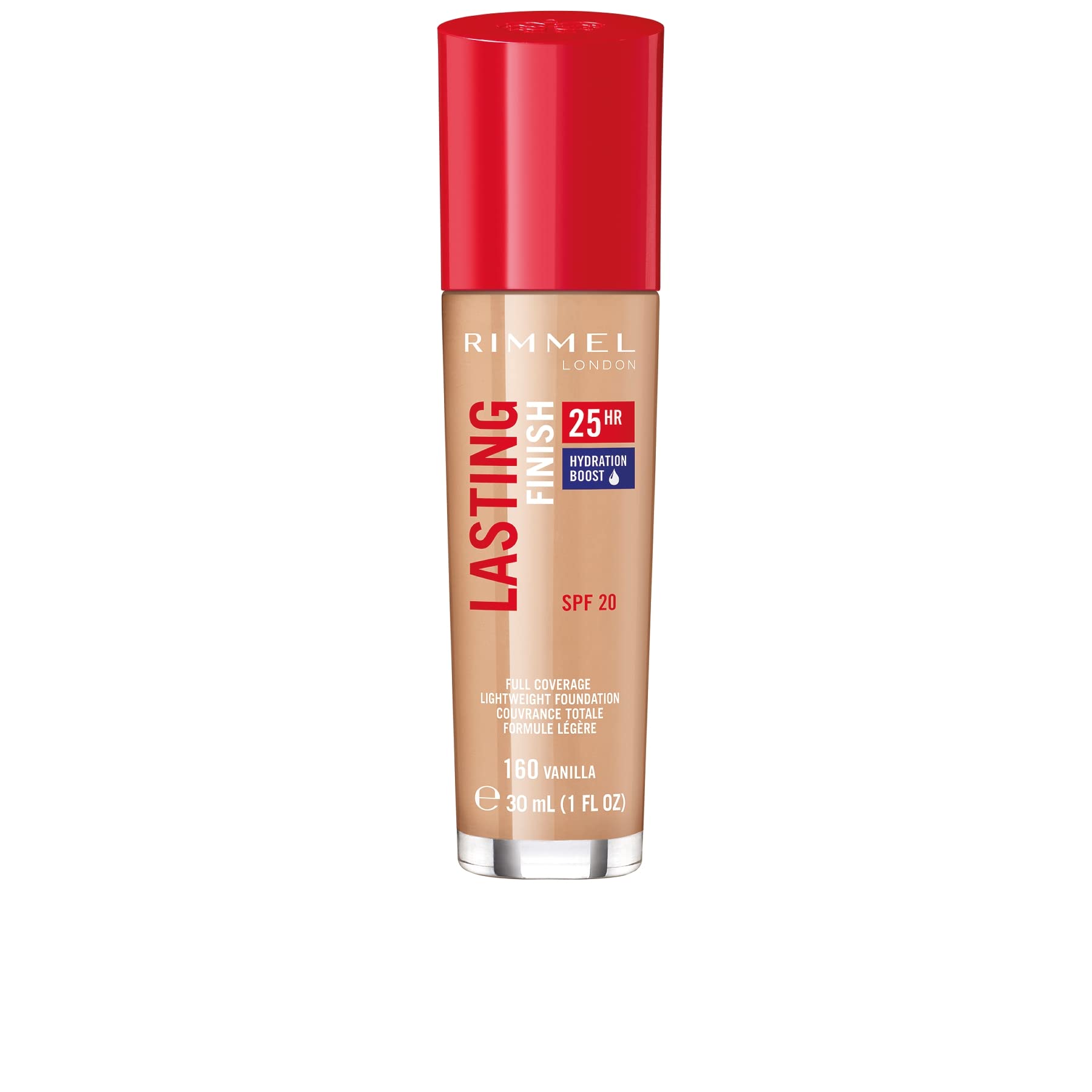Rimmel Lasting Finish 25HR Vanilla bottle highlights long-wear foundation for all-day coverage