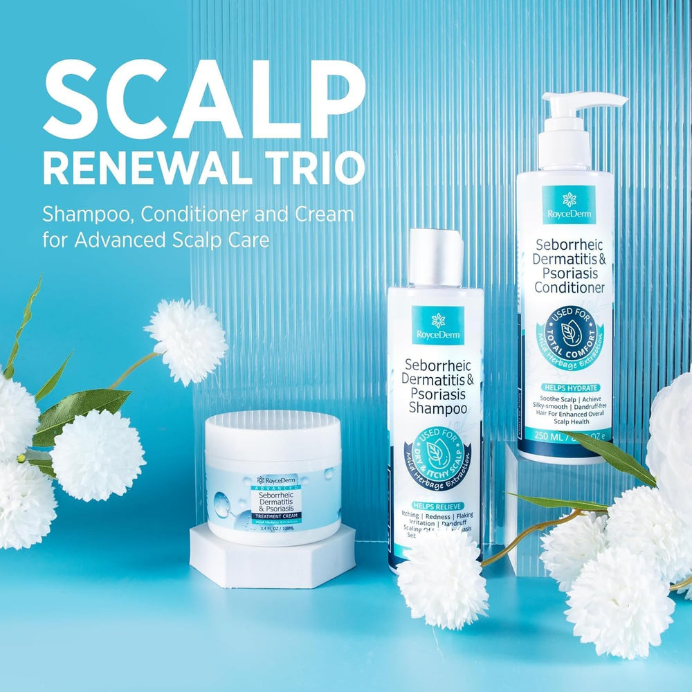 Roycederm Psoriasis Shampoo routine shot illustrates daily care.