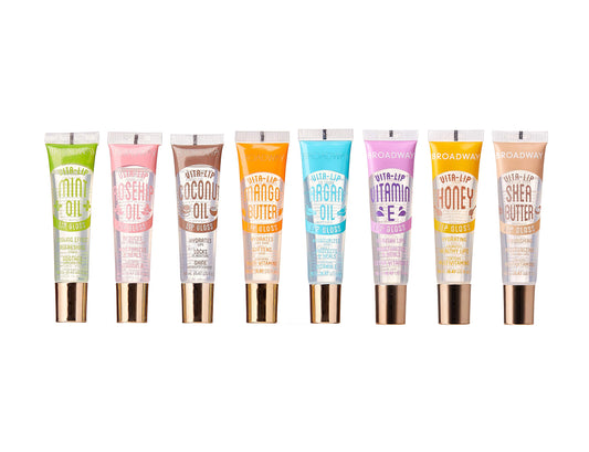 Ruby Kisses Broadway Vita-Lip gloss bottle showing clear hydration and shine