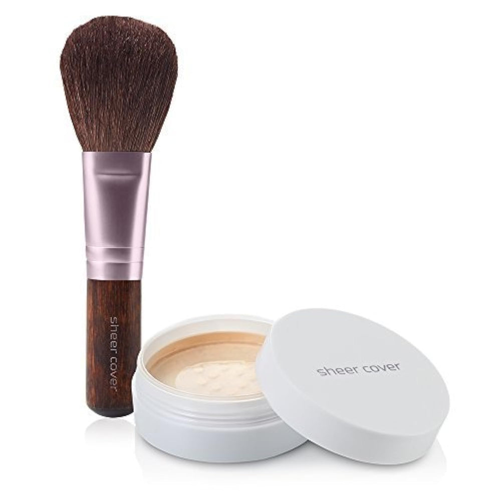 Sheer Cover Perfect Shade bottle shows lightweight mineral foundation for breathable wear.
