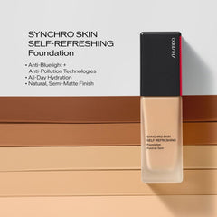 Shiseido Synchro Skin Alder 230 on face shows pore-blurring effect.