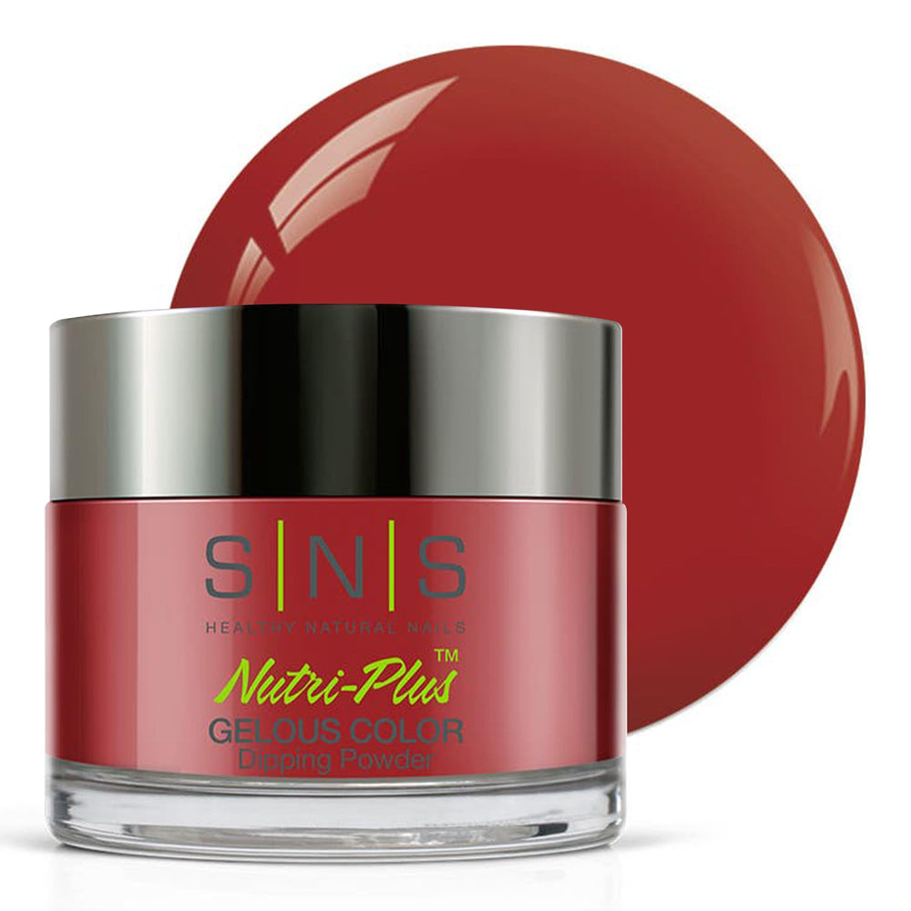 SNS Corvette Red bottle closeup shows a rich, salon-worthy color.