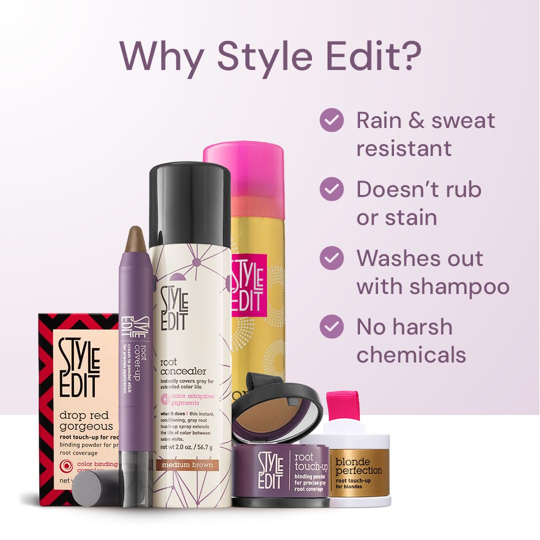 STYLE EDIT swatch on hair demonstrates natural color blending.