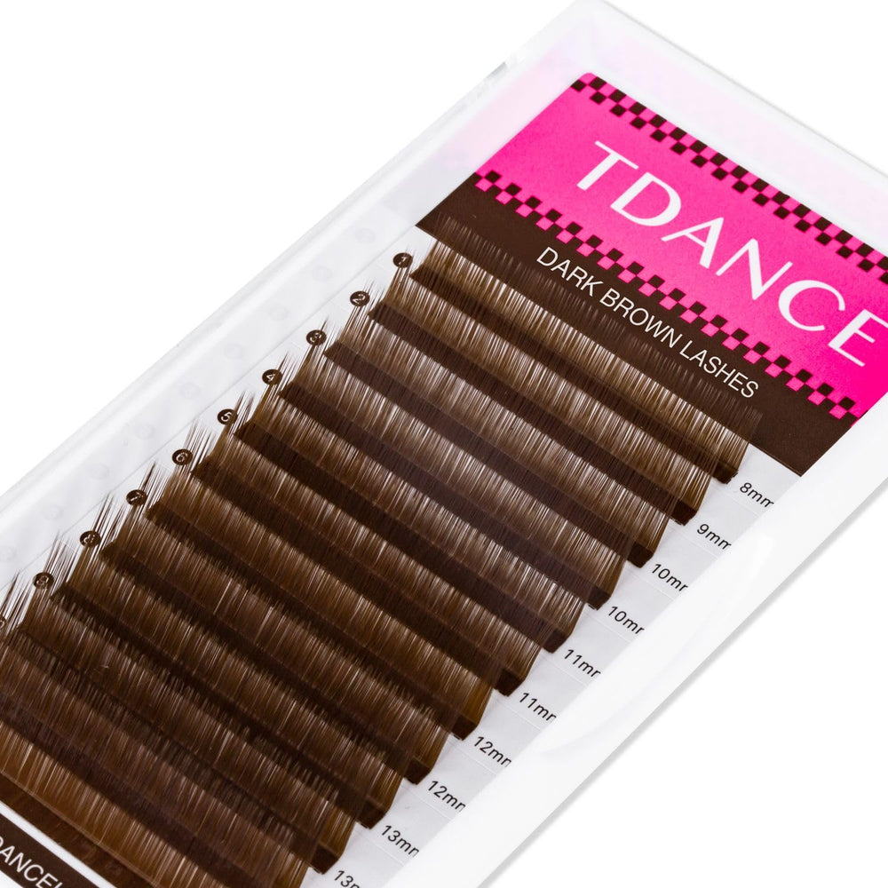 TDANCE brown mega-volume lashes tray displaying 12-row variety for versatile sets