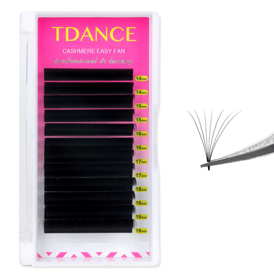 TDANCE cashmere easy fan lashes show 2D–10D fans for versatile volume.