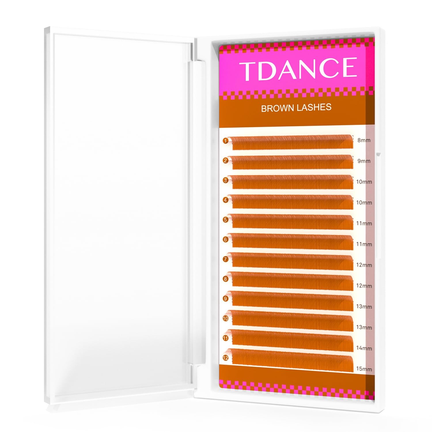 TDANCE light brown lash extensions tray shows varied lengths for natural to dramatic looks.