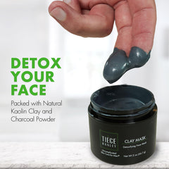 Tiege Hanley clay mask jar with charcoal and kaolin showing purifying ingredients for clear skin