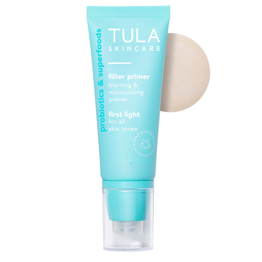TULA Face Filter Primer First Light bottle glows, smoothing pores for a refreshed complexion.